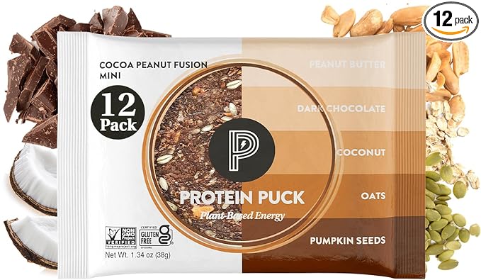 Protein Puck Vegan Plant based Protein Bar – Natural Healthy Snack Bars 12 Count 1.34oz Mini Gluten Free Dairy Free No GMO Kosher – Cocoa Peanut Fusion - Chocolate Peanut Butter Sport Nutritio