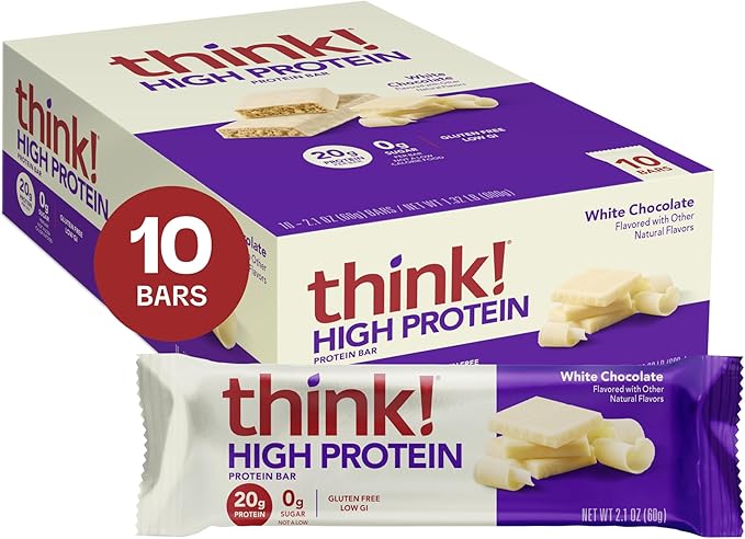 think! Protein Bars High Protein Snacks Gluten Free Kosher Friendly White Chocolate Nutrition Bars 2.1 Oz per Bar 10 Count (Packaging May Vary)