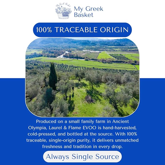 Laurel &amp Flame Fresh - Extra Virgin Olive Oil - Best Greek Olive Oil Award - Cold Pressed - Polyphenol Rich (1212 MG/KG) - USDA-Organic - 90X Hydroxytyrosol Polyphenols - Early Harvest - Single