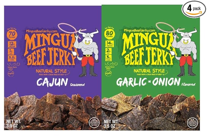 Mingua Beef Jerky - Two Cajuns + Two Garlic &amp Onions 3.5 ounces 14.0 Ounce