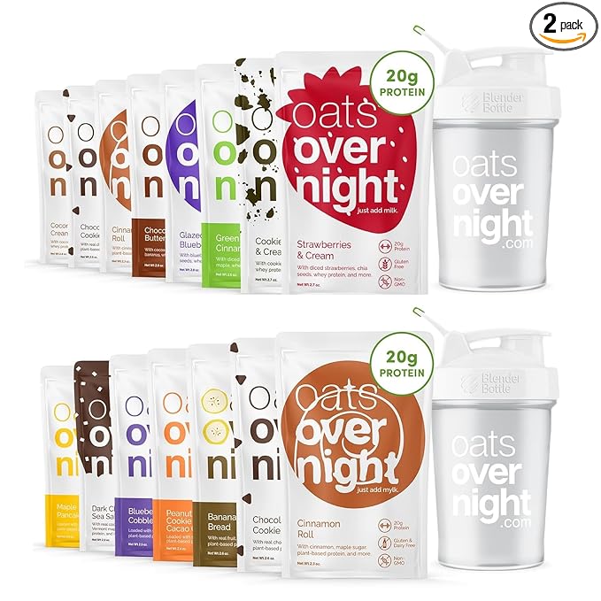 Oats Overnight Party Variety 8 Pack Vegan Variety 8 Pack and 2 BlenderBottles - High Protein High Fiber Breakfast Shake - Gluten Free Non-GMO Oatmeal