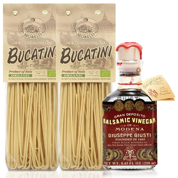 Morelli Bucatini Pasta Noodles - Premium Organic Italian Pasta from Italy and Giusti Aged Balsamic Vinegar of Modena Italy