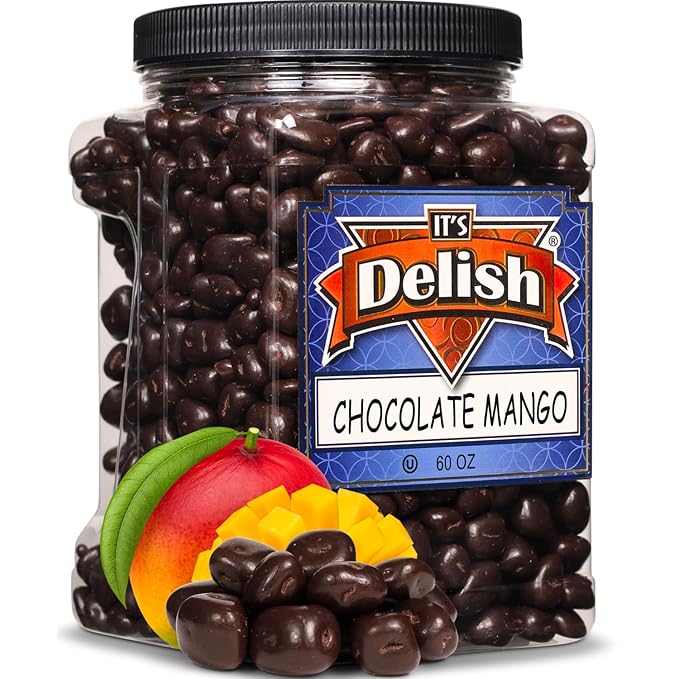 Dark Chocolate Covered Dried Mango by It's Delish 3.75 LBS Jumbo Container | Gourmet Chocolate Covered Mango Bits Fruit Snacks Bulk Chocolate Candy Treats | Vegan Non-Dairy Kosher