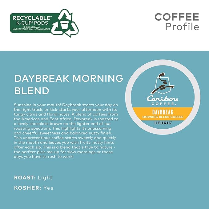 Caribou Daybreak Morning Blend Single-Serve Keurig K-Cup Pods Light Roast Coffee 96 Count (4 Boxes of 24 Pods)