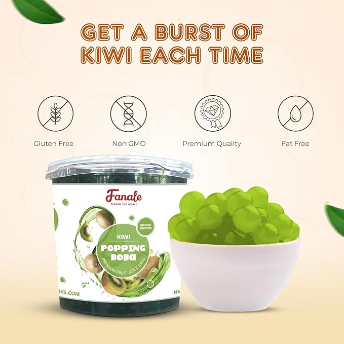 Fanale Kiwi Popping Boba Pearls Vegan Non GMO Gluten Free Fat Free Perfect for Bubble Tea Smoothies Ice Cream Desserts and Beverages.