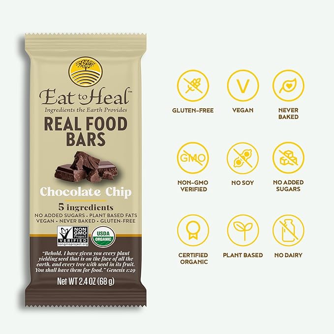EatToHeal Chocolate Chip Real Food Bar - Organic Vegan Healthy Gluten Free Protein Bars - Low Sugar Meal Replacement Bar Non GMO Never Baked Plant Based - Crafted to Enjoy Not Sit on Shelves