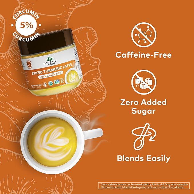 Organic India Spiced Turmeric Latte Powder - Golden Milk Mix Authentic Blend Gold Tea Drink With Ginger and Cinnamon Vegan Ayurvedic Herbs Caffeine Free Zero Added Sugar - 3.52 Oz