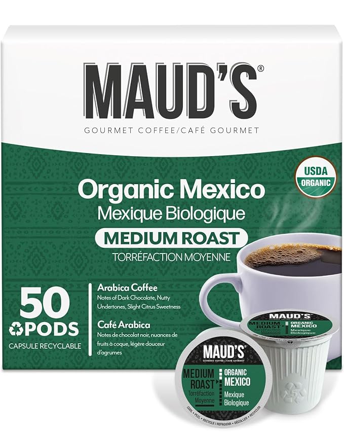 Maud's Organic Mexican Coffee Pods 50 ct Single Origin Mexican Medium Roast Coffee in Single Serve Pods – 100% Arabica Coffee Compatible with Keurig K Cups Maker
