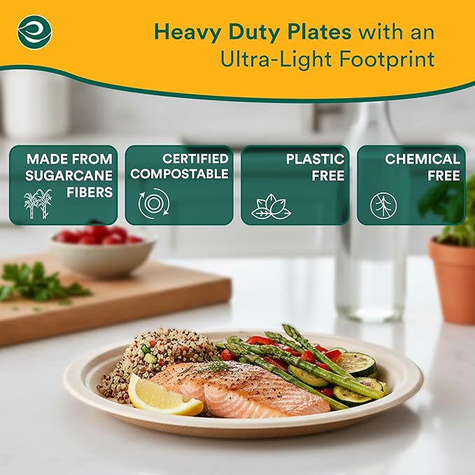 ECO SOUL 9 Inch Compostable Disposable Paper Plates [200 Pack] Food Safe 100% Virgin Bagasse Pulp Heavy Duty Biodegradable Microwave Safe Large Round Dinner Plate for Party Picnic &amp BBQ (Brown)