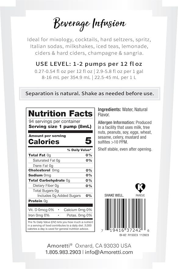 Amoretti - Vodka Beverage Infusion - Drink Mix &amp Water Enhancer with Pump for Flavoring Cocktails Waters Teas and other Beverages 94 Servings Per Bottle (750 ml) Preservative Free