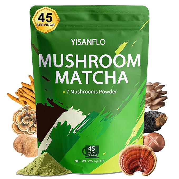 YISANFLO 7-in-1 Mushroom Matcha for Energy Focus Digestion Immunity Turkey Tail Shiitake Lion's Mane Ceremonial-Grade Matcha Mushroom Powder 8 Oz(45 Servings)