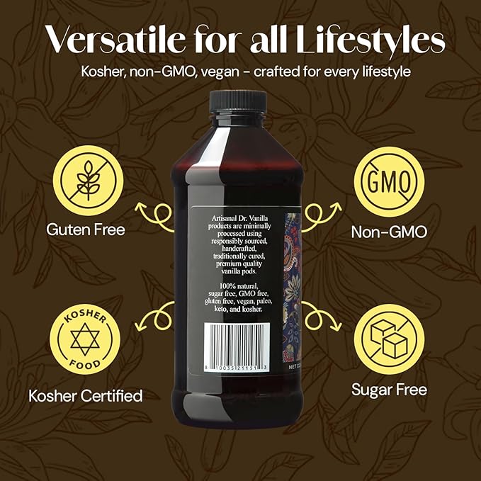 Organic Vanilla Extract 16 fl oz - Madagascar Bourbon vanilla 100% natural sugar‑free GMO‑free gluten‑free vegan paleo keto and kosher