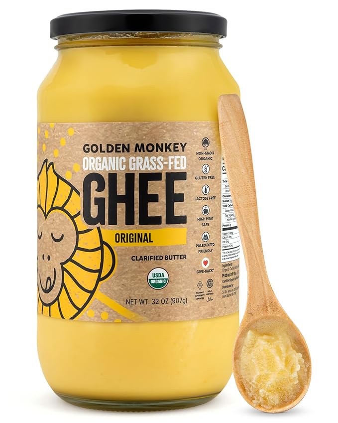 GOLDEN MONKEY Organic Ghee Butter – Grass Fed Clarified Butter for Cooking Baking Keto &amp Gut Health – Ghee Butter Organic Grass Fed from Small Farms – Smooth Spread with High Smoke Point (32oz)