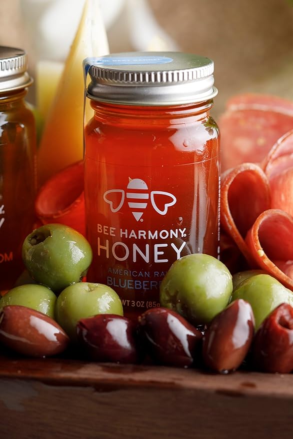 Bee Harmony Rare Varietals Honey Flight Mini Honey Gift Set 4 Jars 3 OZ Each Premium Raw (Acacia Buckwheat Blueberry Blossom Orange Blossom)