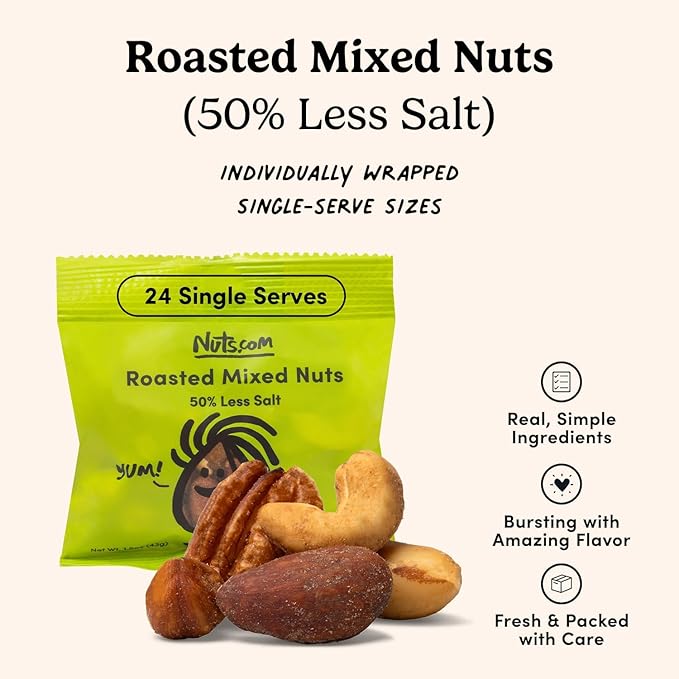 Nuts.com Roasted Mixed Nuts (50% Less Salt) – 24 Single Serve Snack Packs – Almonds Cashews Pecans Brazil Nuts Hazelnuts – Gluten-Free Kosher No Peanuts – Healthy Low Sodium Protein Snack