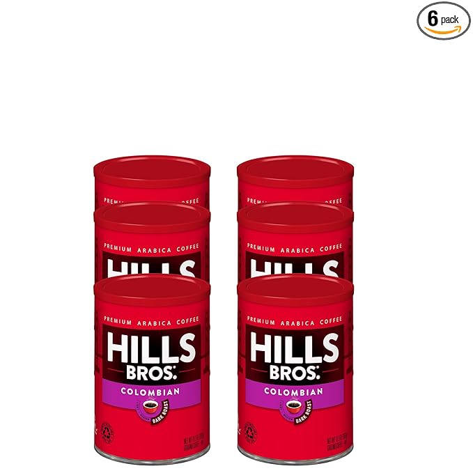 Hills Bros. Colombian Ground Coffee – Premium Arabica Coffee Beans – Dark Roast Rich Flavor Cup After Cup – Recyclable Steel Can for Freshness – Certified Kosher – 10.3oz Can Pack of 6