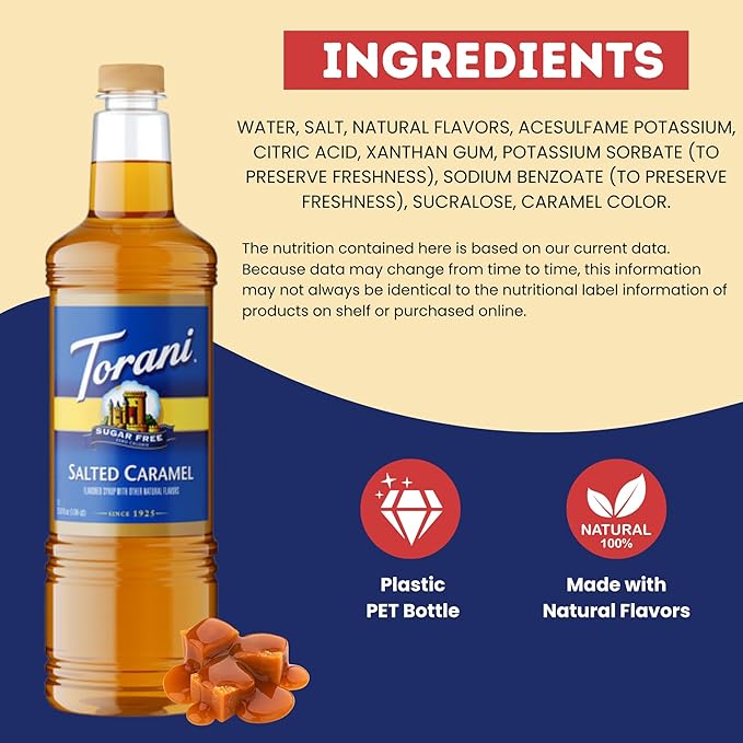 Torani Sugar Free Salted Caramel Syrup 1 Liter Bottle with Pump Dispenser – Zero Calorie Flavored Coffee Syrup for Lattes Cold Brews Teas Cocktails &amp Desserts – Keto Friendly