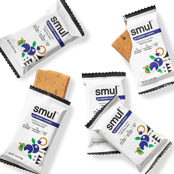 smul Plant Based Protein Bar – Blueberry Cashew – 12g Protein Only 4g Sugar Gluten Free Non-GMO Vegan Dairy Free – High Fiber Snack to Satisfy and Sustain – 12 Pack