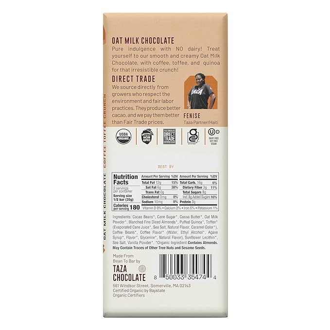 Taza Chocolate Organic Oat Milk Chocolate Bar Coffee Toffee 2.5 Ounce (10 Count) Vegan
