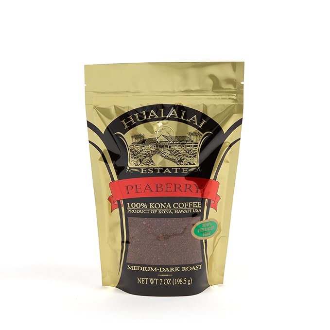 100% Kona Coffee - Peaberry Medium Dark Roast Blend by Hualalai Estate - 7 oz Premium Ground Kona Grown Coffee