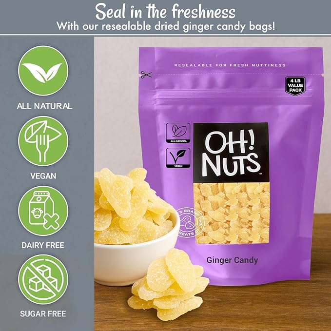 Oh! Nuts Ginger Candy - 4 lb - Dried Fruit Slices - with Crystallized Sugar Candied Coating - Dehydrated Fruit Bites - Packed in New York Zip-Seal Bag for Exceptional Freshness