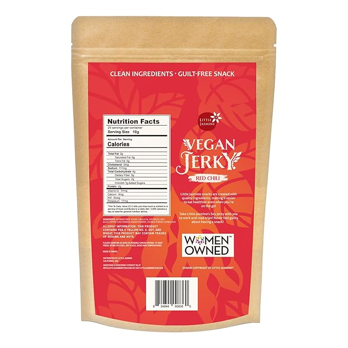 Non- GMO Little Jasmine Vegan Jerky Red Chili Flavor Plant Based Protein Clean Ingredients Made in Taiwan 7.5 oz