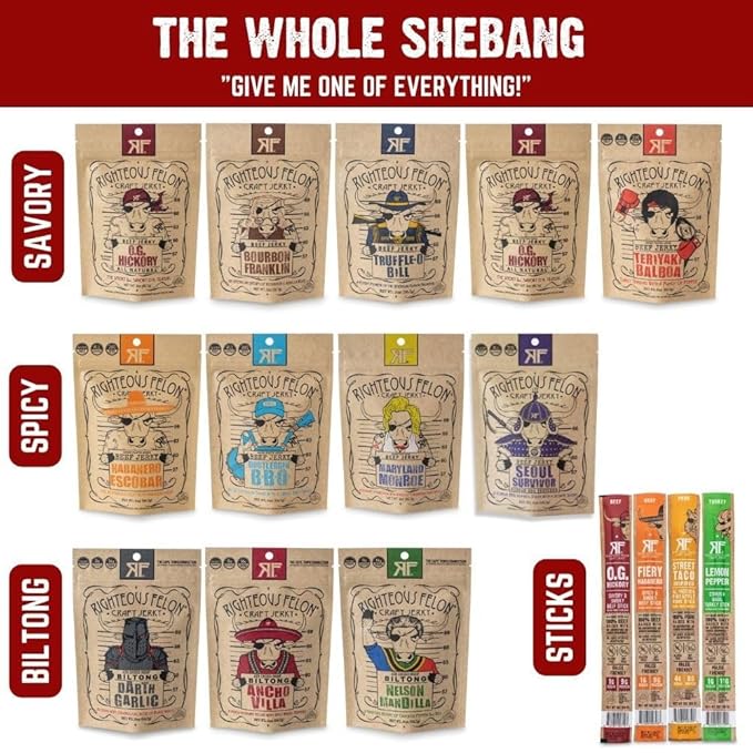 Righteous Felon Beef Jerky &amp Meat Sticks Variety Pack | Beef Jerky Gifts for Men | High Protein Keto Low Sugar | Made with Premium Meats | Gluten Free Beef Jerky Snack Packs | Whole Shebang 16 P