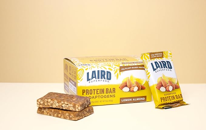Laird Superfood Functional Protein Bars – Protein Bar but Better with Real Ingredients Functional Mushrooms 10g Plant-Based Protein 6g Fiber - Non-GMO - Lemon Almond 10 Count (Pack of 1)