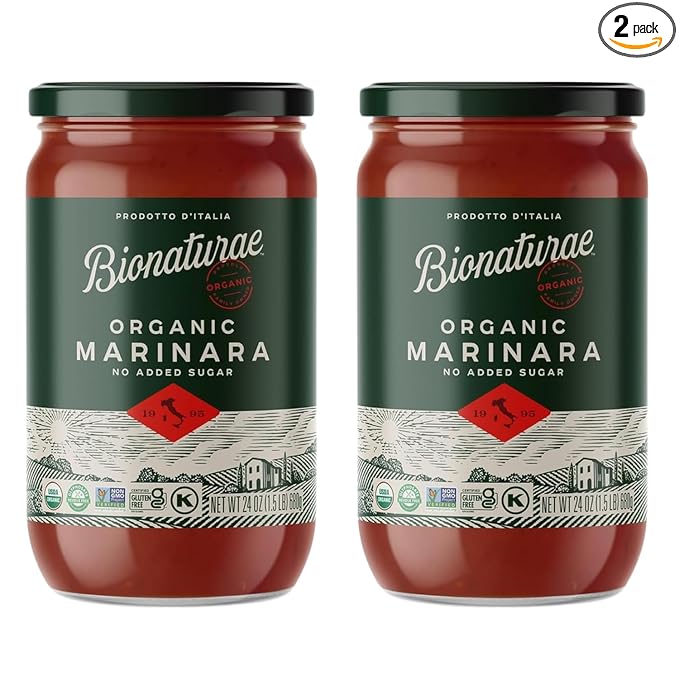 Bionaturae Organic Marinara Pasta Sauce- Tomato Sauce for Spaghetti Pizza &amp Lasagna Gluten Free Non GMO No Added Sugar Kosher Glyphosate Free Made in Italy Tastes Homemade- 24 oz Jar (2 P