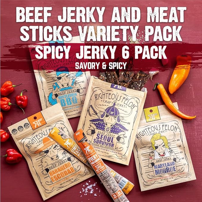 Righteous Felon Beef Jerky &amp Meat Sticks Variety Pack | Gluten Free Beef Jerky Snack Packs for Adults | High Protein Keto Low Sugar | Made with Premium Meats | Gifts for Men | Spicy Jerky 6 Pack