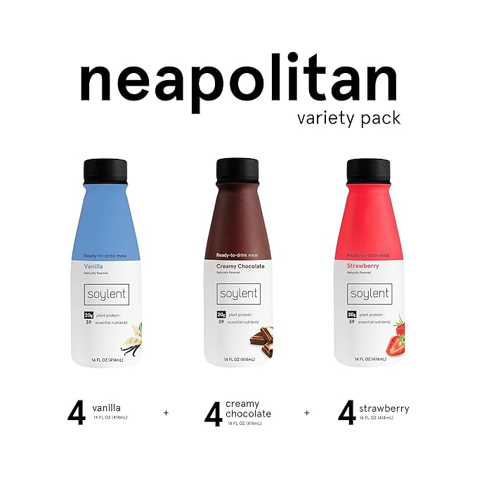 Soylent Complete Nutrition Gluten-Free Vegan Protein Meal Replacement Shake Neapolitan Variety Pack 14 Oz 12 Pack