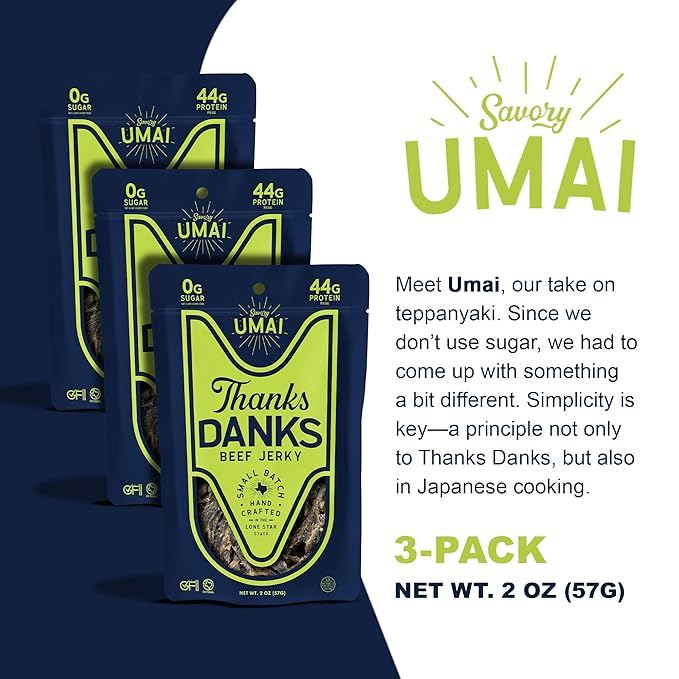 Thanks Danks - Umai - Small Batch Grass-Fed Steak Jerky - Sugar Free Gluten Free Nitrate Free - Guilt-Free Protein Snack - 57g (3 Pack)