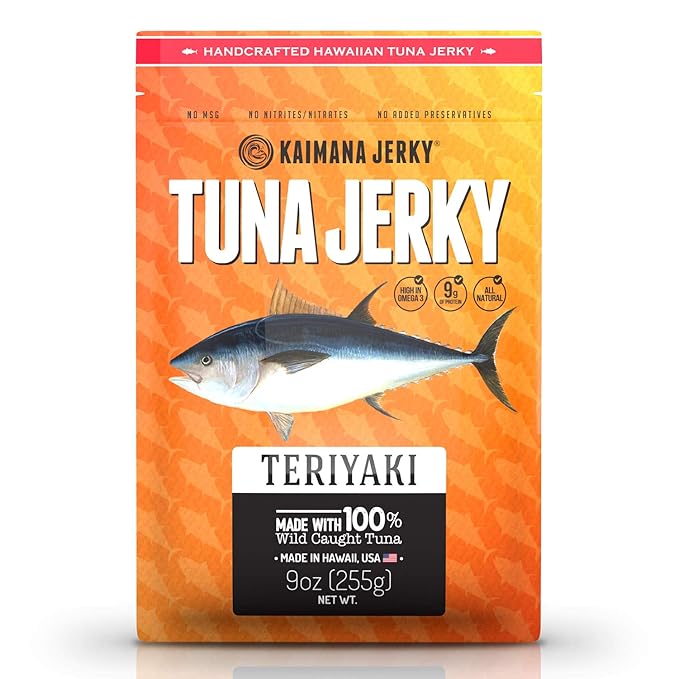 Kaimana Wild-Caught Ahi Tuna Jerky - Teriyaki | Rich in Omega-3s &amp High in Protein | All-Natural &amp Organic Fish Jerky (9 oz)