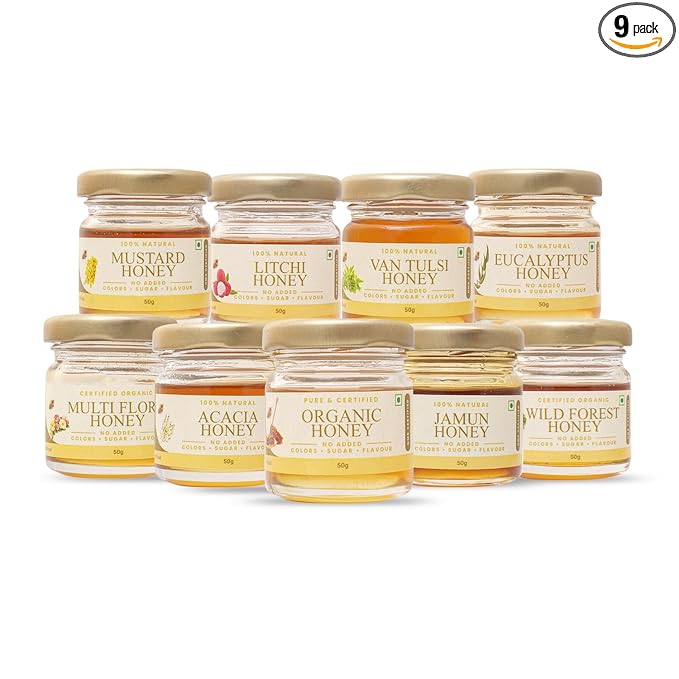 Shiva Organic Natural Nectar Honey Tasters - Pack of 9 | 50g Each | 450g Total | Explore a Variety of Pure Honey Flavors