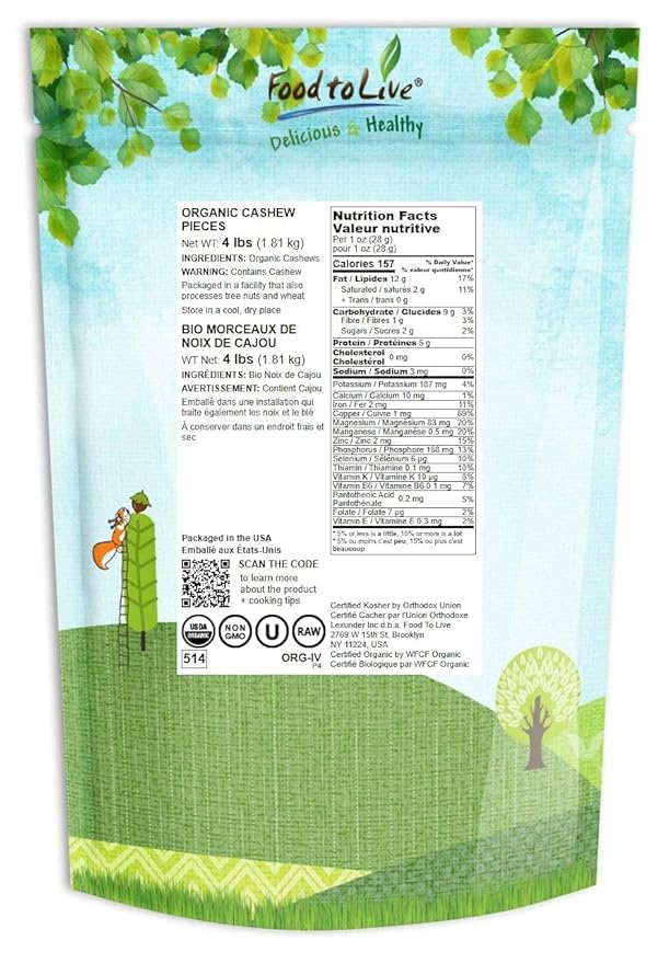 Food to Live Organic Cashew Pieces 4 Pounds Non-GMO Kosher Vegan Unsalted Unroasted Bulk