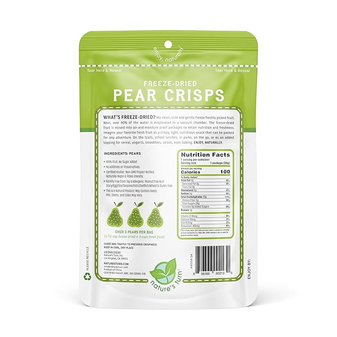 Nature’s Turn Freeze-Dried Pear Crisps – Healthy Gluten-Free Crispy &amp Delicious Plant-Based Snack Ideal for Cereal Smoothies School Lunches &amp On-the-Go Bags of 6 (1.2 oz Each)