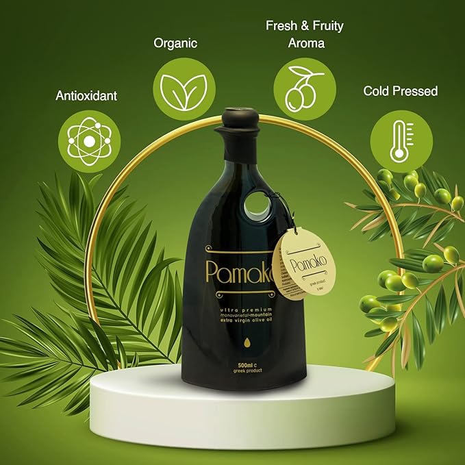 Pamako Ultra-Premium Monovarietal Mountain Organic Olive Oil | New Harvest 2024-5 | Cold Pressed Organic Evoo From Greece | 2090mg/kg (500 ml (16.9 oz))