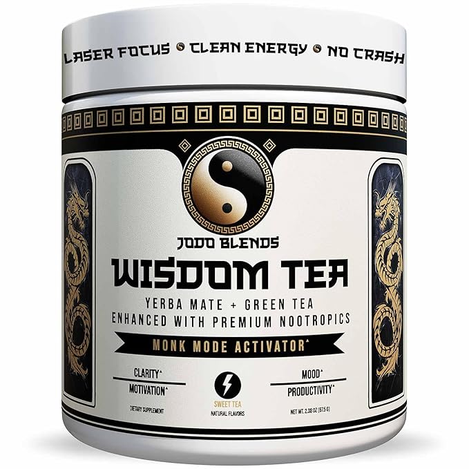 Yerba Mate Focus Tea Powder for Men - Daily Nootropic Drink for Clean Energy Focus &amp Mood Support | Powered by Citicoline L-Theanine L-Tyrosine &amp Lion’s Mane | Wisdom Tea - Sweet Tea - 30 S