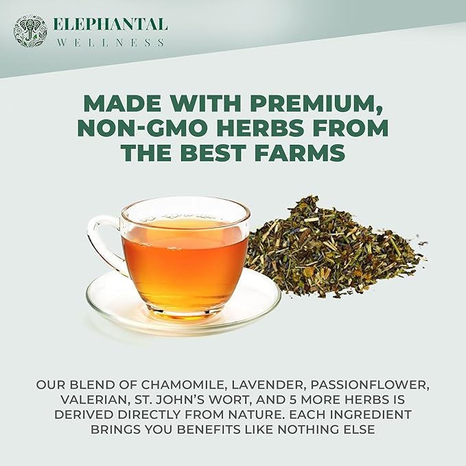Elephantal Wellness Nerve Ease Herbal Tea | Calming Nervous System Support with Chamomile Tea Passionflower Lemon Balm Tea Valerian &amp St. John’s Wort | Loose Leaf Caffeine-Free 2oz 20 Servin