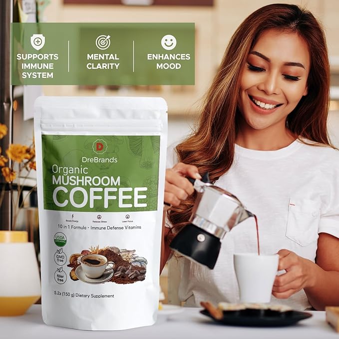 DreBrands Mushroom Coffee |10 in 1 Organic Mushrooms | USDA Organic | Instant Coffee | Wood Ear | Better Energy Focus Digestion Immunity | Shiitake Lion’s Mane Turkey Tail | 15 Servings