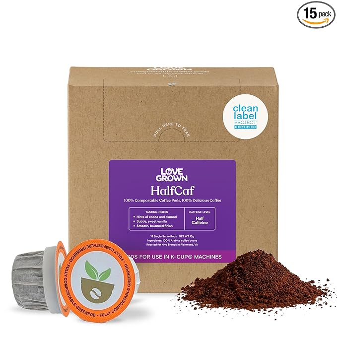Love Grown Compostable Coffee Pods - Compatible With Most Major Coffee Pod Brewer - 100% Arabica Plastic-Free Non-GMO - Half-Caf Box of 15