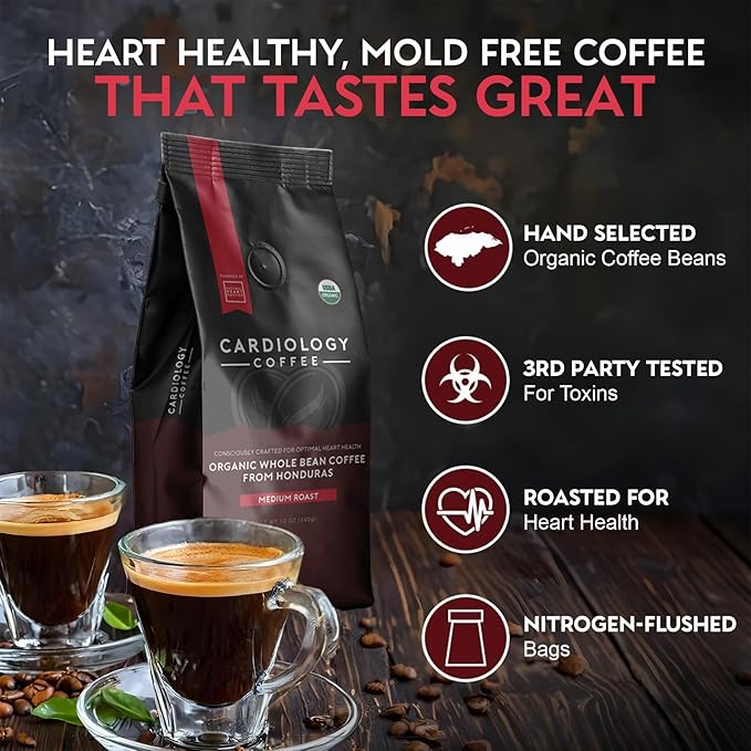Cardiology Coffee – Whole Bean Coffee – USDA Certified Organic Mold Free 12oz Premium Medium Roast Organic Coffee Beans with Antioxidant Benefits – Perfect for Heart Healthy Lifestyle