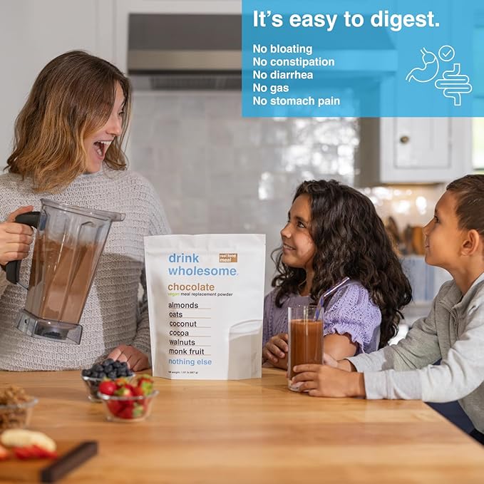 Drink Wholesome Vegan Chocolate Meal Replacement Powder for Sensitive Stomachs | Minimally-Processed Whole-Food Meal | Additive-Free Dairy-Free Gluten-Free | Low Sodium