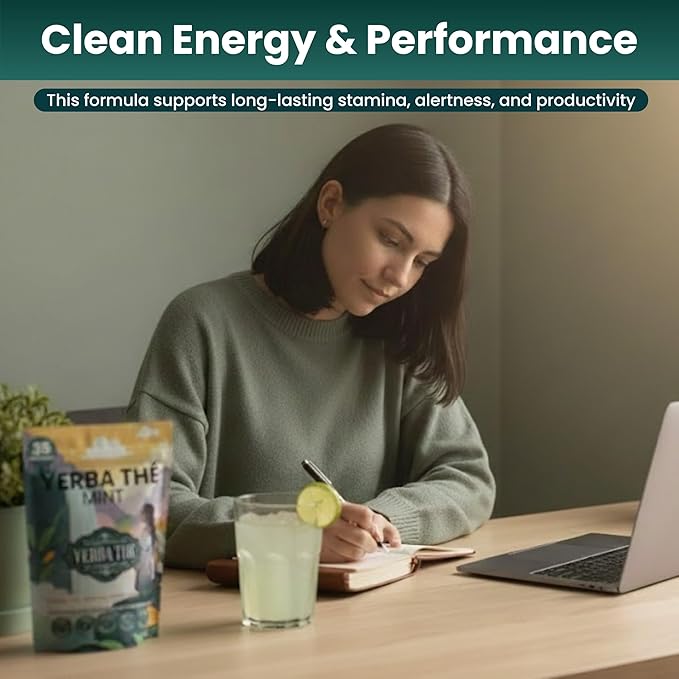 Yerba Mate Powder - Clean Energy &amp Focus - Organic Yerba Mate Tea 350g - Supports Gut Health with Probiotics &amp Prebiotics Brain Fog Relief Focus &amp Relaxation - Mint Flavor 35 Servings