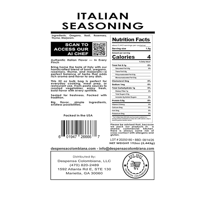 12 Lbs Bulk Italian Seasoning - Despensa Colombiana Condimento Italiano for Mediterranean Cooking and Sazon - Ideal Italian Seasoning Bulk Herbs Blend for Flavoring Dishes and Enhancing Culinary Creat