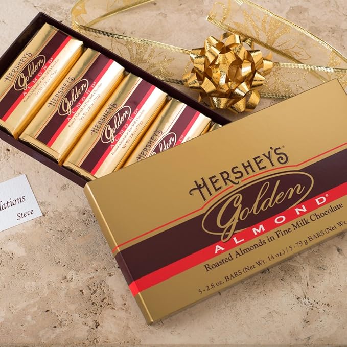 HERSHEY'S GOLDEN ALMOND Chocolate Bar Roasted Almonds in Fine Milk Chocolate Candy Bar Individually Wrapped Bars in Gift Box 14 Ounce Box