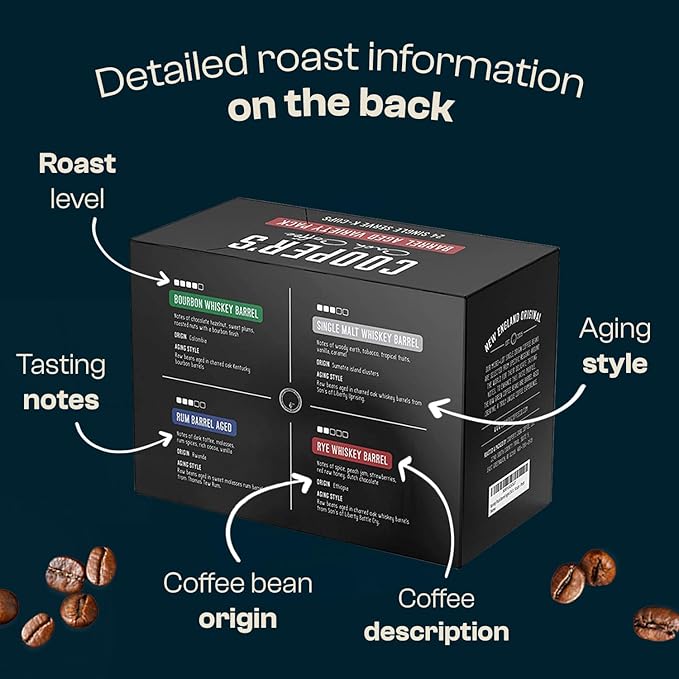 Cooper’s Cask Coffee Bourbon Barrel Aged Coffee Pods Variety Pack Set - Single Serve Cups Bourbon Rye Whiskey Malt Whiskey Rum Flavors 24ct