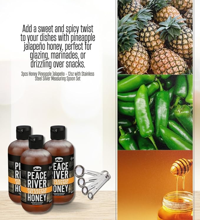 3x Peace River Honey Honey Pineapple Jalapeno 12 OZ Bundle with Measuring Spoon Set – Sweet and Spicy Blend with Pineapple Heat Plus Stainless Measuring Tools – Gift Set (4 Items)