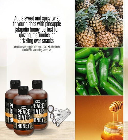3x Peace River Honey Honey Pineapple Jalapeno 12 OZ Bundle with Measuring Spoon Set – Sweet and Spicy Blend with Pineapple Heat Plus Stainless Measuring Tools – Gift Set (4 Items)