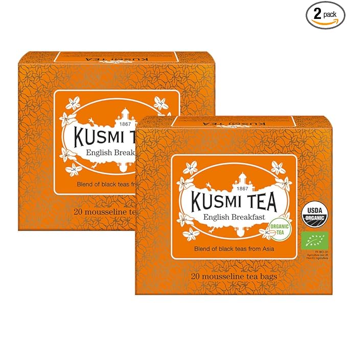 Kusmi Tea - Pack of 2 Boxes of Tea Bags - English Breakfast - Organic English Breakfast Black Tea - Ceylon &amp Assam Black Teas - Smooth Flavourful Robust Caffeinated Tea - 2x20 Tea Bags